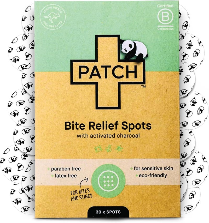 PATCH Bite Relief Spots, cute panda designed bamboo bandage dot with activated charcoal, great for sensitive skin, hypoallergenic, 30 pack - Image 1